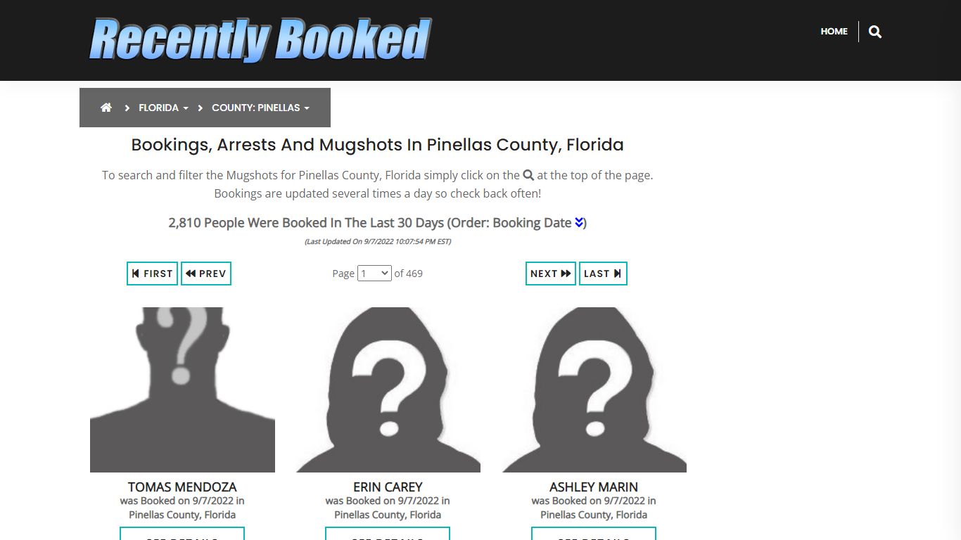 Bookings, Arrests and Mugshots in Pinellas County, Florida